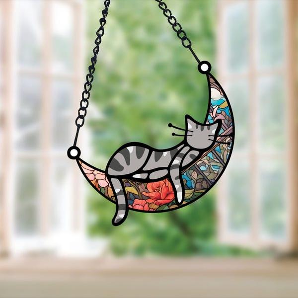 Sleeping Cat on Moon Cat Memorial Suncatcher Loss of Pet Sympathy Gift Handmade Name Cat Ornament Cat Lovers Gifts Cat Passing Remembrance