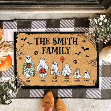 Personalized Halloween Doormat, Custom Halloween Family Doormat, Halloween Decor, Custom Family and Pets, Ghost Family Welcome Doormat Gift