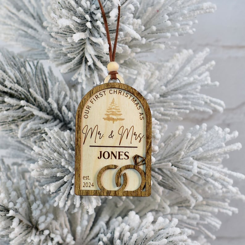 Personalized Mr and Mrs Ornament 2024 | Our First Christmas Married | Personalized Newlywed Christmas Ornament | Gift Card Holder