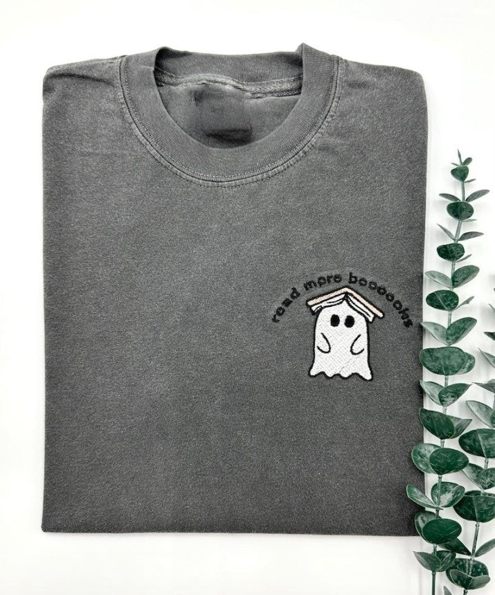 Embroidered Ghost Book T-Shirt, Fall Spooky Season Pullover, Cute Ghost Shirt, Halloween Teacher-Bookish-Librarian Gift, Reading Ghost