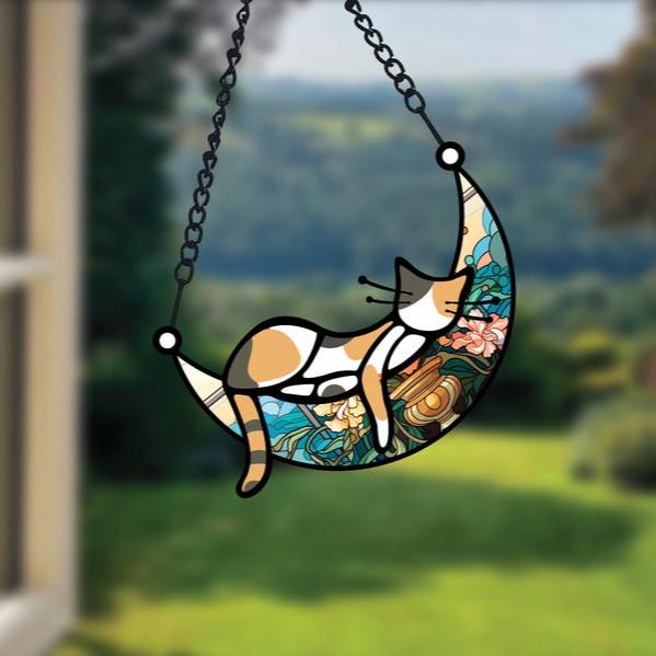 Sleeping Cat on Moon Cat Memorial Suncatcher Loss of Pet Sympathy Gift Handmade Name Cat Ornament Cat Lovers Gifts Cat Passing Remembrance