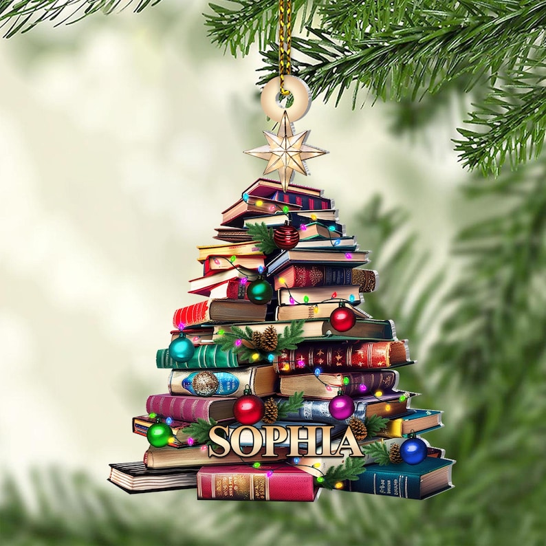 Personalized Christmas Book Tree Name Ornament, Custom Bookish Ornament, Book Club Ornament, Librarian Gift, Book Lover Gift, Bookworm Gifts