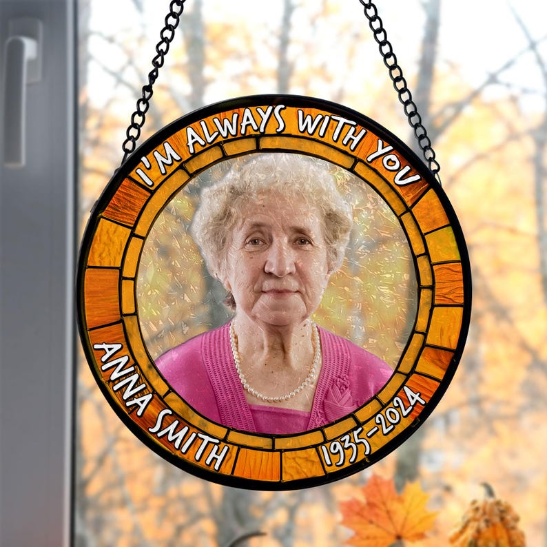 Personalized Photo Memorial Stained Glass Suncatcher, Loss Of Mom/ Dad Stained Glass, Sympathy Gift Family, In Loving Memory Suncatcher