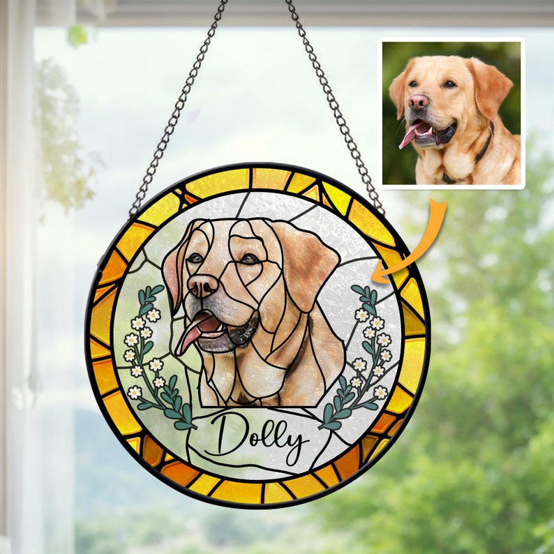 Floral Wreath Custom Pet Portrait Stained Glass Suncatcher, Stained Glass Dog Memorial, Custom Dog Portrait from Photo, Sympathy Gifts, Stained glass dog