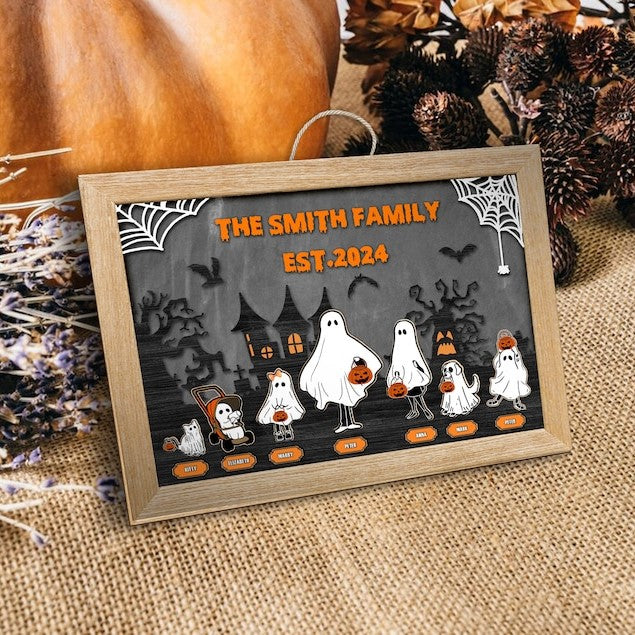 Customized Ghost Family Sign, Personalized Halloween Family Portrait with Pets Printable, Family Portrait Frame, Halloween Wall Art