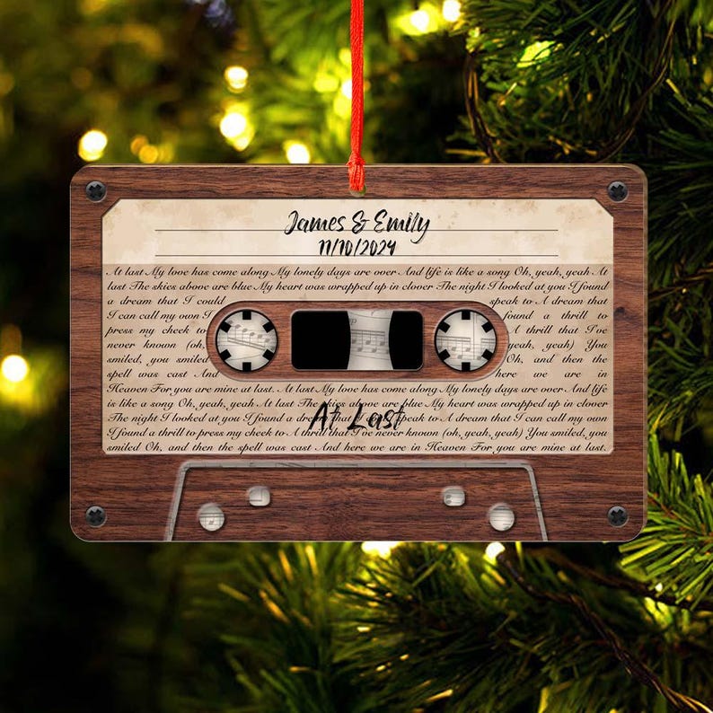 Custom Song Photo Ornament, Custom Together ornament, Smart Ornament, Couple Song Ornament. Wooden Cassette Tape Ornament, Lyrics Gift