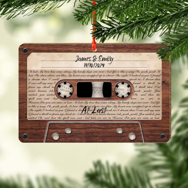 Custom Song Photo Ornament, Custom Together ornament, Smart Ornament, Couple Song Ornament. Wooden Cassette Tape Ornament, Lyrics Gift