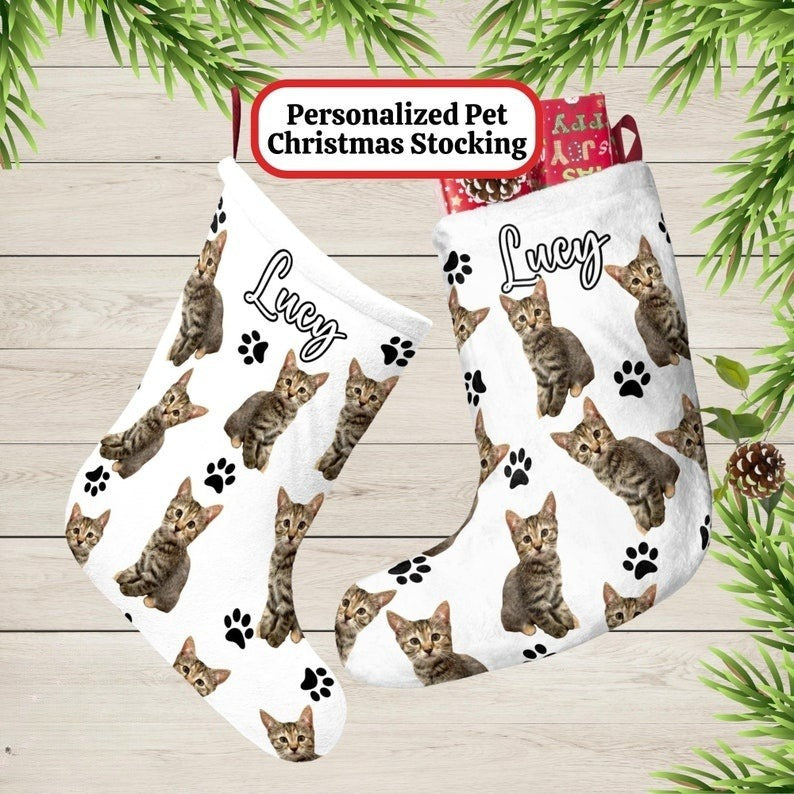 Custom Pet Photo Christmas Stocking, Personalized Dog Name Holiday Decor Sock, Large Fleece Stocking, Cat Stocking, Family Mantle Home Decor