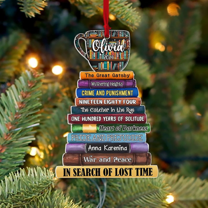 Coffee And Book Personalized Christmas Book Tree Name Ornament, Custom Bookish Ornament Book Lover Gift Bookworm Gifts Book Club Ornament, Librarian Gift