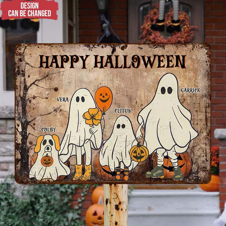 Custom Happy Halloween Ghost Family - Personalized Metal Sign, Halloween Gift For Family, Halloween Decor, Halloween Family Yard Sign