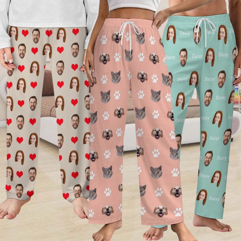 Custom Face Pajama Pants with Dog Paw, Personalized Pjs, Women Pajama Pants, Personalized Pajamas with Face, Christmas Pajamas, Gift for Him