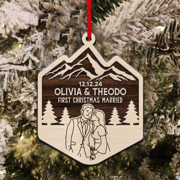 First Christmas Married Ornament, Personalized Wedding Gift, Custom Outdoor Couple Xmas 2024 Keepsake, Unique Wood Engraved Newlywed Gifts