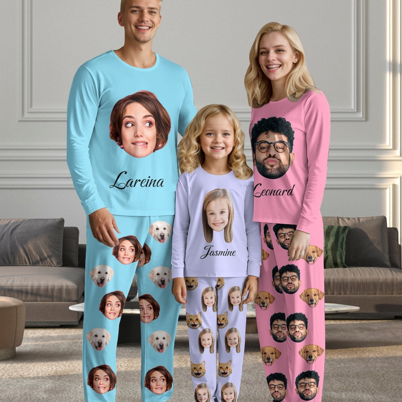 Custom Face Family Pajamas,Name/Text Pajamas Set, Pet Owner Pajamas Set for Men/Women/Kid, Pet Photo Pajama Set,Long Sleeve Pajama Set