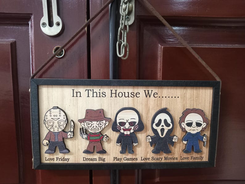 In This House We Horror Character Halloween Frame Wood Sign Home Decoration, Gift for Father's Day, Halloween Gift Idea