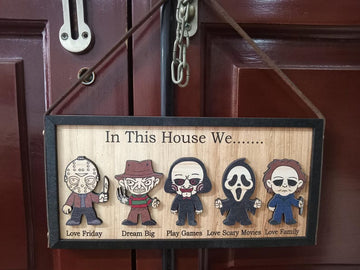 In This House We Horror Character Halloween Frame Wood Sign Home Decoration, Gift for Father's Day, Halloween Gift Idea