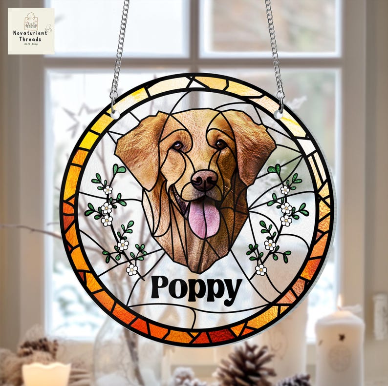 Custom Pet Portrait Stained Glass Suncatcher, Pet Memorial Decor SunCatcher, Custom Dog Portrait from Photo, Pet Lover Gift Window Hanging