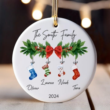 Personalized Family of 4 Ornament, Custom Family Stocking Ornament With Names and Year, New Family Christmas Gift 2024, Ceramic Keepsake