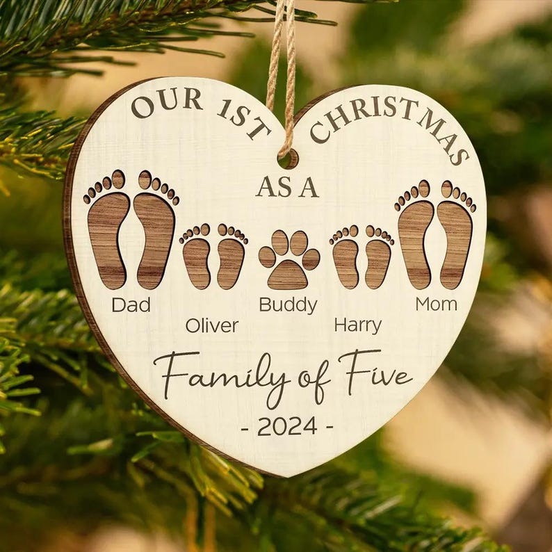 First Christmas As A Family Of Four Footprints, Personalized Custom Shaped Wooden Ornament, Personalized Baby's First Christmas Ornament