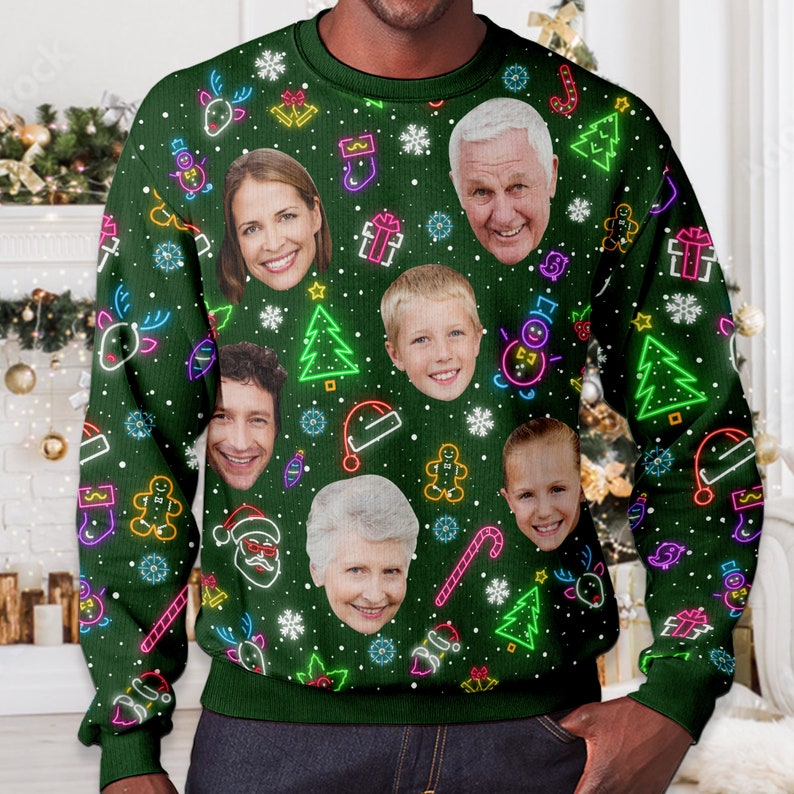 Custom Face Xmas Leds, Personalized Family Photo Ugly Sweater, Novelty Party Ugly Sweater, Christmas Gifts, Year End Party Ugly Sweater