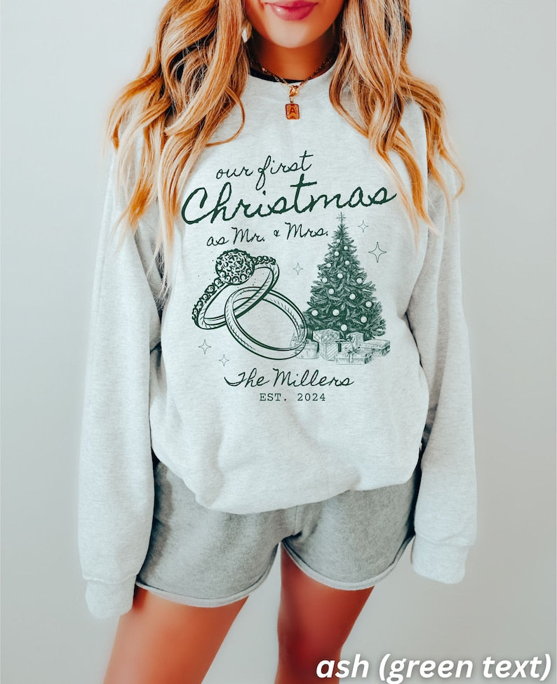 Custom Couples Christmas Sweatshirts, Christmas Couples Sweatshirts, First Christmas Married, Mr and Mrs Custom Personalized Name Gift