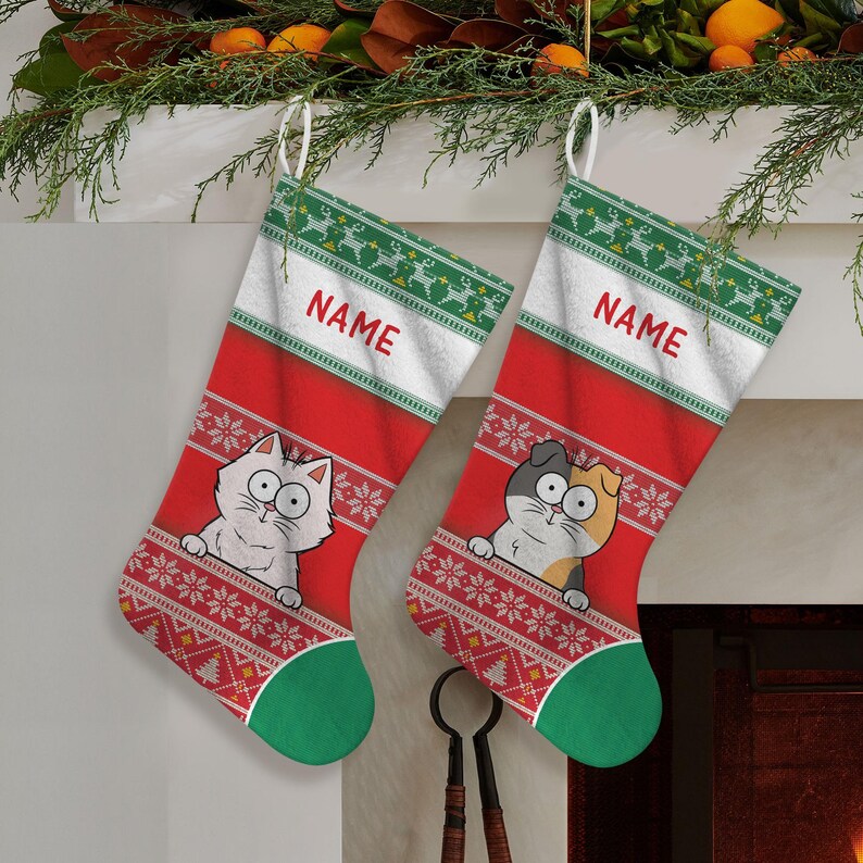 Personalized Cat Christmas Stockings, Cat Christmas Stocking, Custom Farmhouse Stocking, Gift for Cats, Cat Lovers Gift, Pet Gift