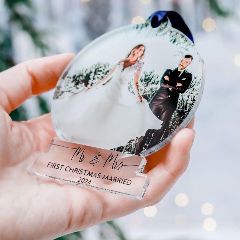 First Christmas Married Ornaments, Mr And Mrs Photo, Our First Christmas, Just Married Ornament, Wedding Couple Custom Gift, 2024 Decoration