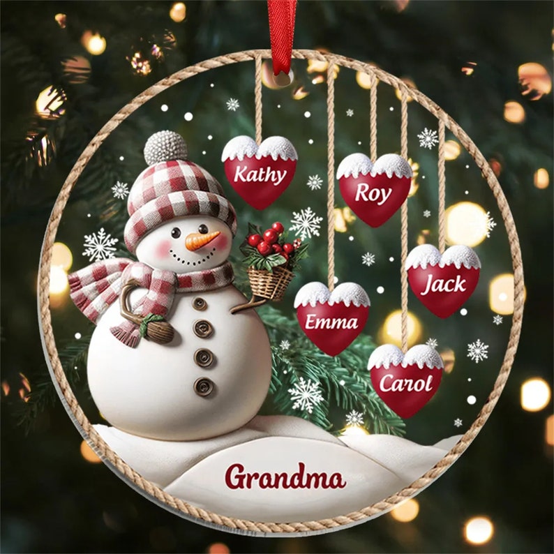 Personalized 1-8 Family Names Christmas Ornament, Acrylic Snowman Grandkid Ornament, Christmas Holiday Gift for Grandma/Mom, Xmas Tree Decor