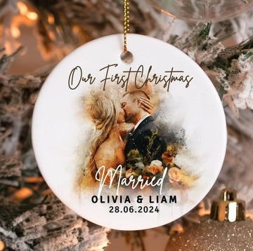 Personalized Watercolor Portrait Married Ornament First Christmas Married Ornament from Photo Newlywed Christmas Gift couples gift