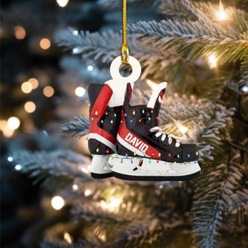 Custom Name Ice Hockey Skates Christmas Ornament, Christmas Tree Hanging Decor, Flat 2D Ornament Acrylic/ Wooden Gift For Hockey Lovers