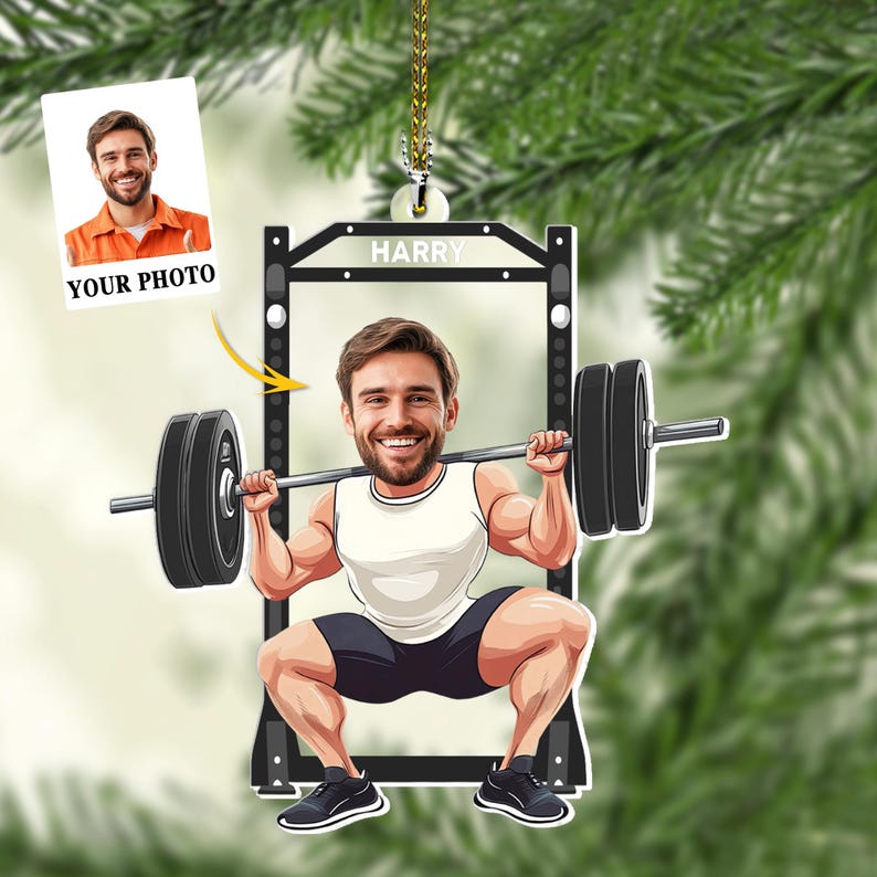 Personalized Gym Photo Ornament, Workout Ornament, Weight Lifting Gift For Trainer or Training Partner, Custom Fitness Photo Ornament