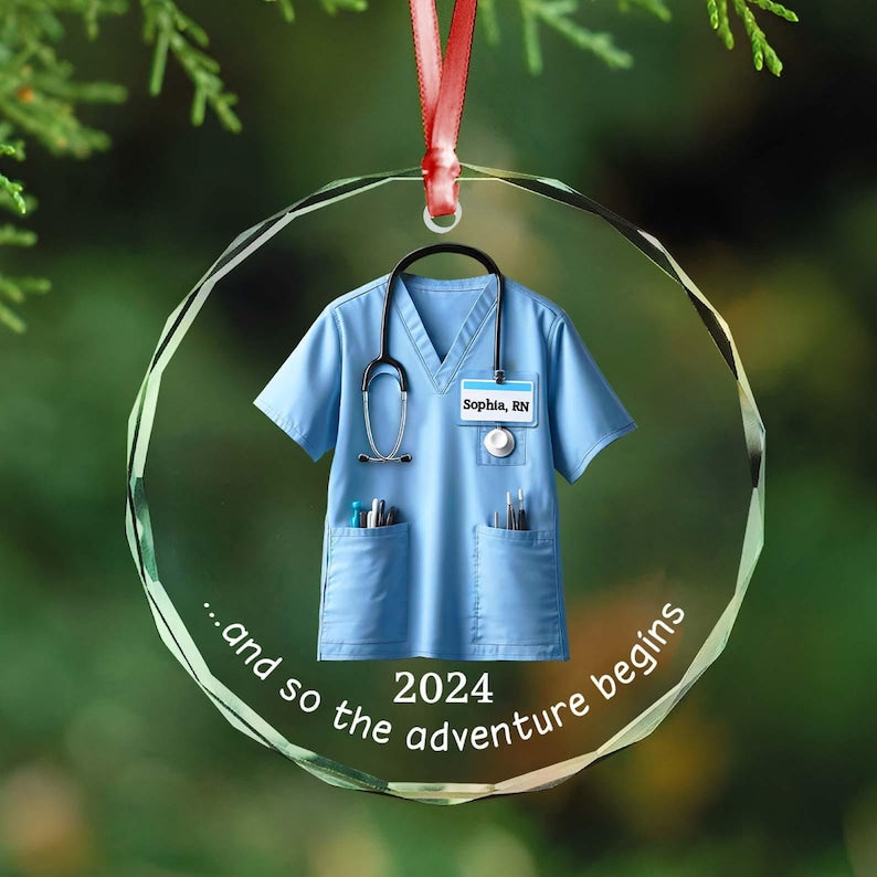 Personalized Scrubs Nurse Ornament, Doctor Christmas Glass Ornament, Healthcare Workers, Gift For Co-worker, RN Keepsake, BSN Costume Gift