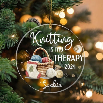 Custom Knitting Is My Therapy Acrylic Ornament, Knitting Christmas Tree Decor, Crochet Lover Gift, Crochet Ornament, Knitter Ornament Gift