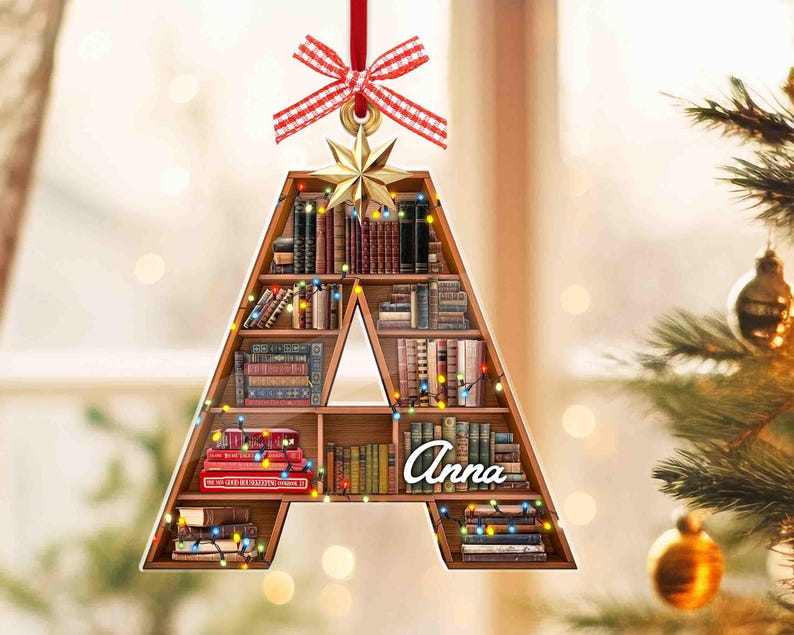 Custom Name Christmas Book Tree Ornament, Personalized Letter Name Ornament, Bookish Ornament, Christmas Book Ornament, Book Lover Gift