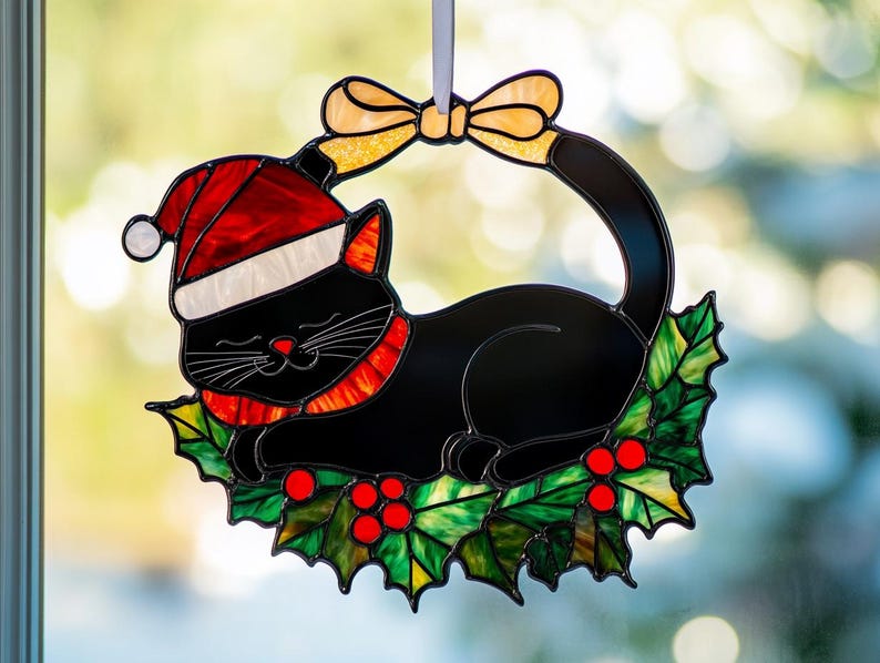 Black Cat Christmas Ornament, Christmas Cat Ornament, Christmas Gift for Cat Mom Cat Acrylic Suncatcher Window Hanging Christmas Decoration