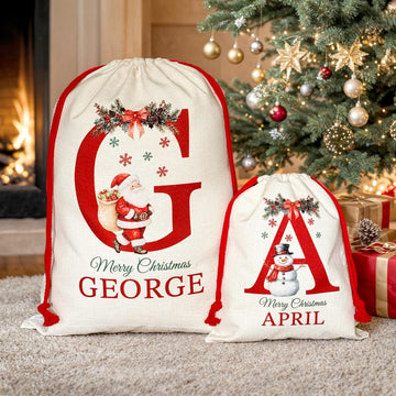 Premium Custom Santa Sack | Thick Canvas Personalised Christmas Present Gift Bag for Him Her Kids Adults | Add Name Initial Xmas Stocking