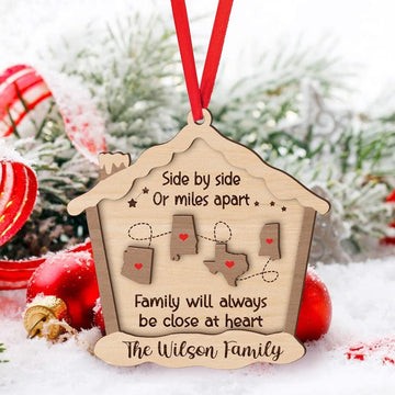 Custom Family Christmas Ornament, Long Distance Ornament, Side By Side Or Miles Apart, Miles Don't Matter Gift, 2-Layered Wooden Ornament