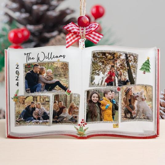 Photo Book Shaped Ornament, Personalized Custom Photo Print, Perfect Gift for Loved Ones, Customizable Gifts for Christmas Tree, Family Name