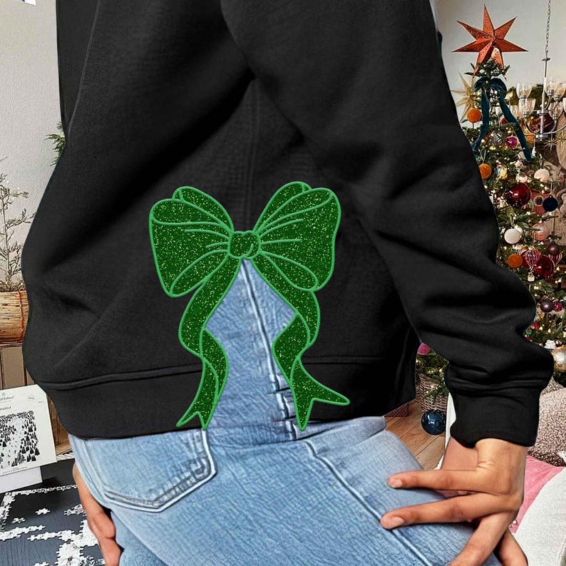 Side Bow Applique Sweatshirt Embroidery, Green Glitter Bow, Christmas Embroidery Sweatshirt, Bow Applique, Motif/Quilted