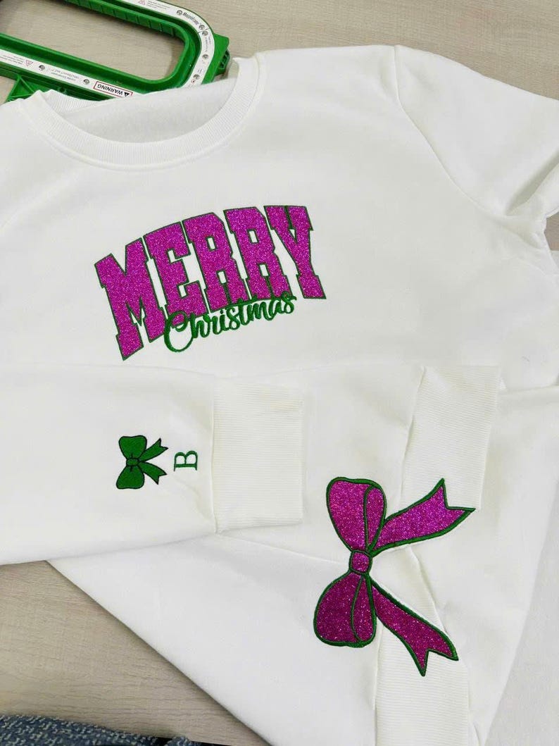 Merry Christmas Embroidered Bow Sweatshirt, Side Bow Applique Sweatshirt, Embroidered Bow Glitter Sweatshirt, Cute Bow Sweatshirt