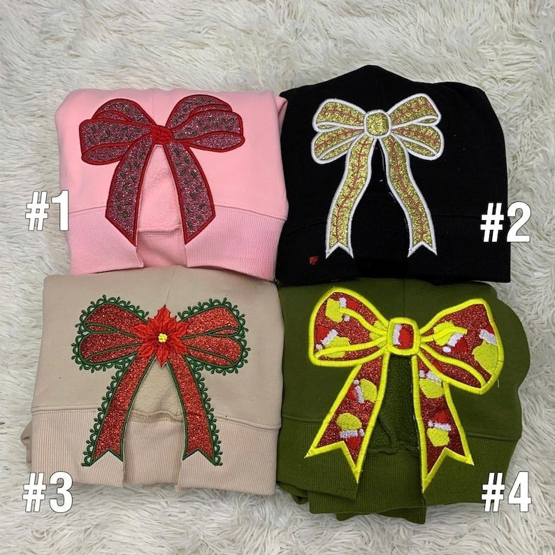 Senior Coquette Bow Embroidered Sweatshirt | Side Bow Applique Hoodie| Christmas Bow Sweatshirt | Glitter Christmas Sweatshirt