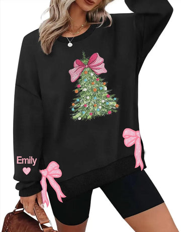 Bow Christmas Tree Side Bow Cut-Out Embroidery Sweatshirt, Custom Merry Side Bow Cut-Out Sweatshirt With Glitter, Trendy Coquette Bow