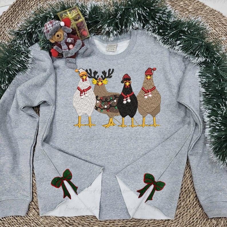 Side Bow Applique Embroidered Sweatshirt, Embroidered Chicken Sweatshirt, Christmas Bow Embellished Sweatshirt, Side Bow Cut-Out Sweatshirt