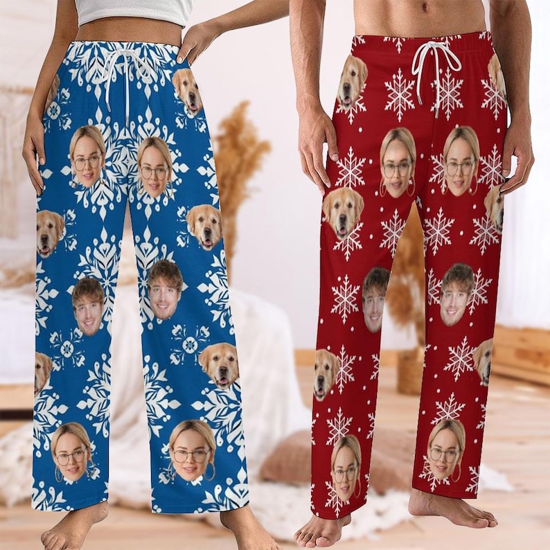 Custom Women Men Kid Christmas Pajama Pants with Faces, Mutiple Faces on Pajamas, Face Pajama Pants, Personalized Family Pajamas with Face