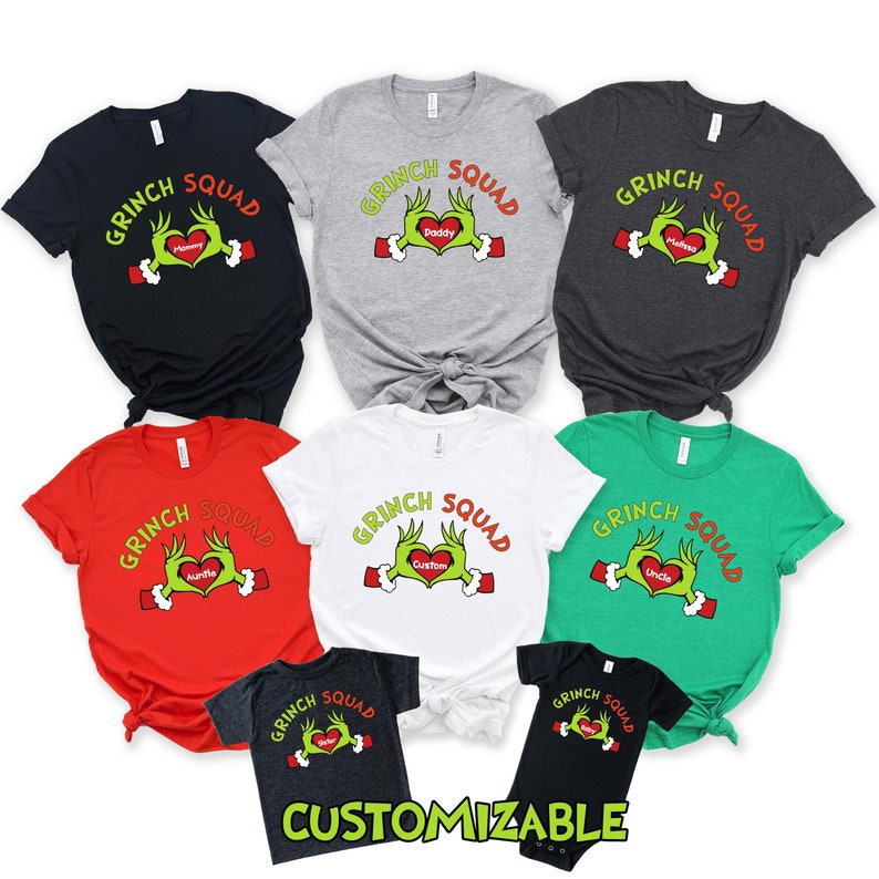 Custom Grinch Family Tshirt,Christmas Matching Grinch Squad Family Shirt,Christmas Family Pajamas Gift,Personalized Grinch Hand Heart Shirt