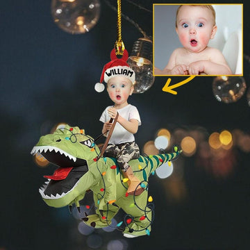 Cute Kid Rides The Dinosaur Kid Photo 2d Flat Ornaments, Christmas Gift, Custom Photo Ornament, Funny Ornament, Holiday Decors, Xmas Decors