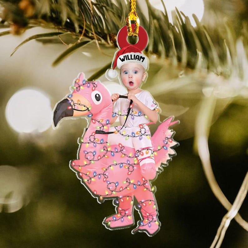 Kid Rides Flamingo With Christmas Light 2d Flat Acrylic Ornament, Christmas Gift, Photo Ornament, Custom Ornament, Holiday Decor, Xmas Decor