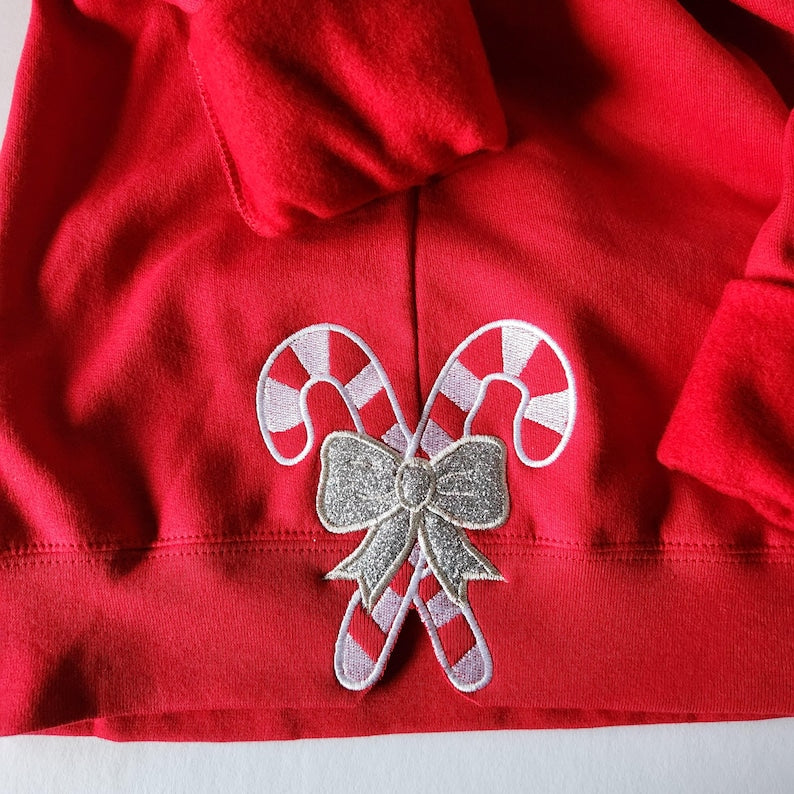 Side Candy Cane Applique Embroidery Sweatshirt, Side Bow Glitter Sweatshirt, Christmas Bow Gift