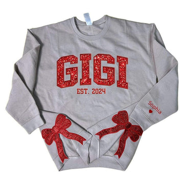 Glitter Gigi Est Claus Embroidered Mimi, Grandma Christmas Bow Embellished Sweatshirt Custom Side Bow Cut-Out Sweatshirt, Christmas Gigi