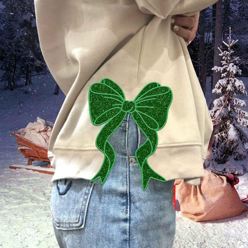 Side Bow Applique Sweatshirt Embroidery, Green Glitter Bow, Christmas Embroidery Sweatshirt, Bow Applique, Motif/Quilted