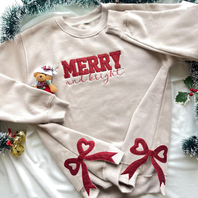 Merry and Bright Glitter Embroidered Bow Sweatshirt, Side Bow Glitter Sweatshirt, Custom Grandmillennial Coquette Style, Christmas Bow Gift